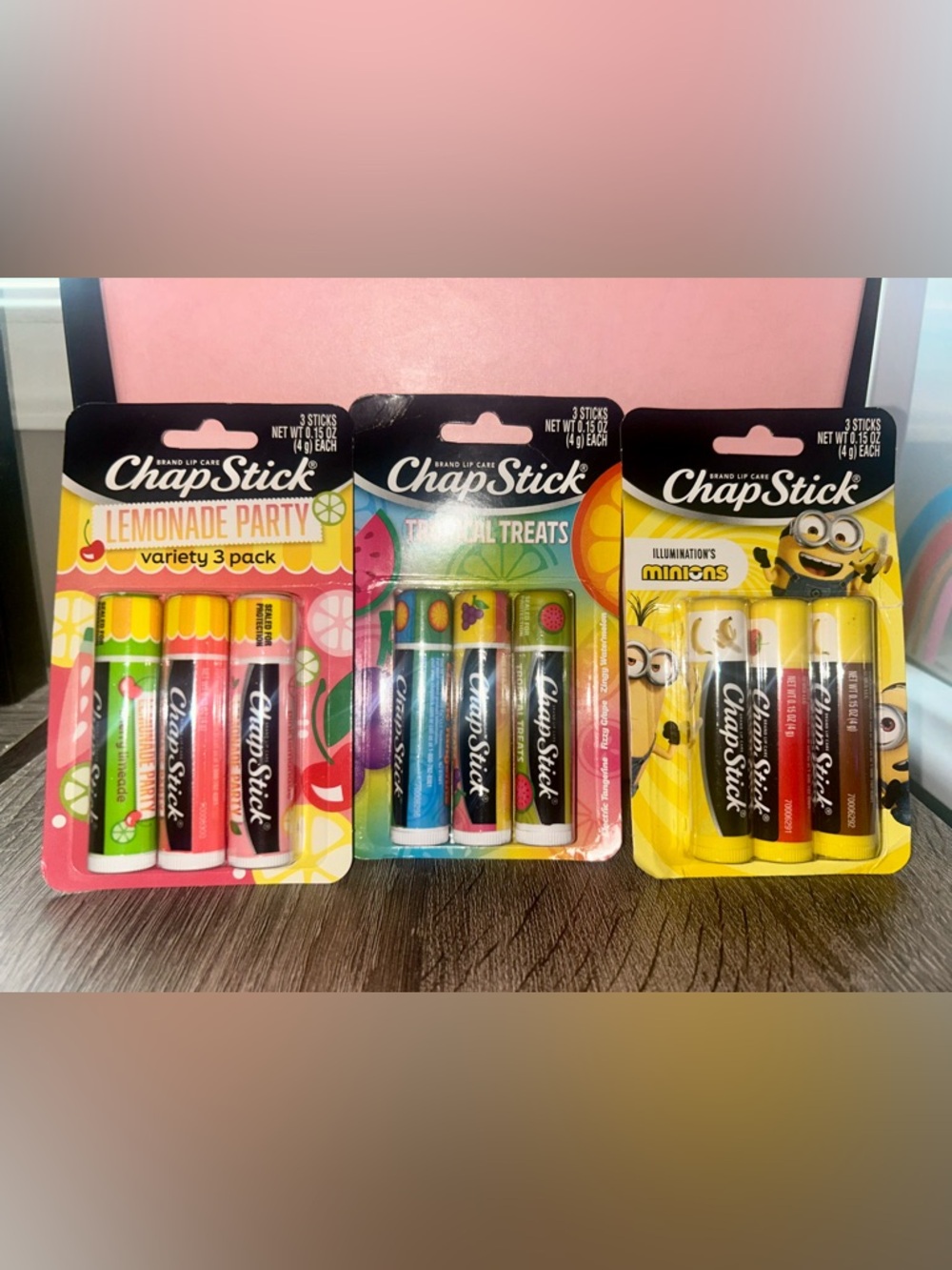 ChapStick trios Tropical Treats, lemonade party, minions banana
